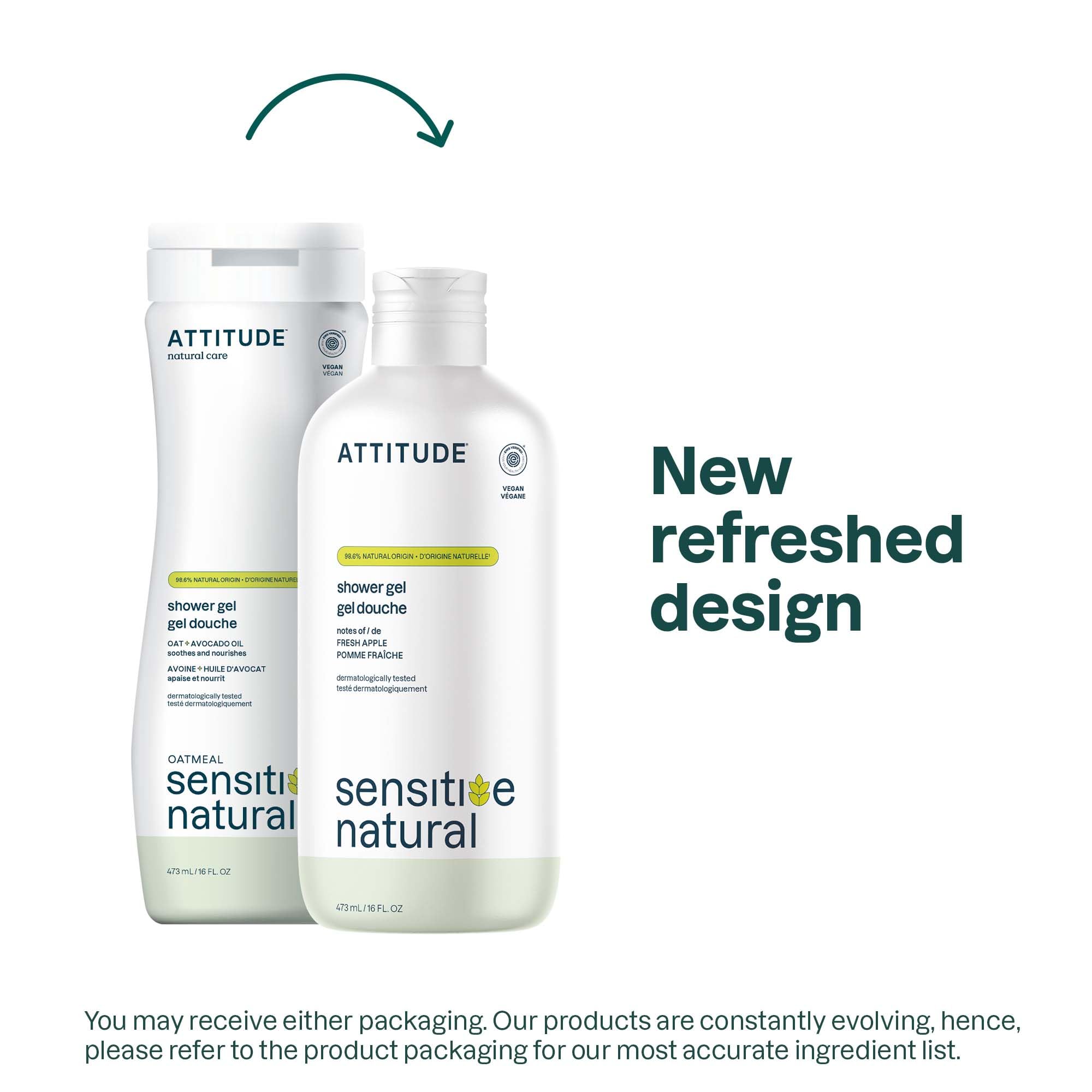 ATTITUDE gel-douche sensibilité avoine — mousse crèmeuse prête à nettoyer.