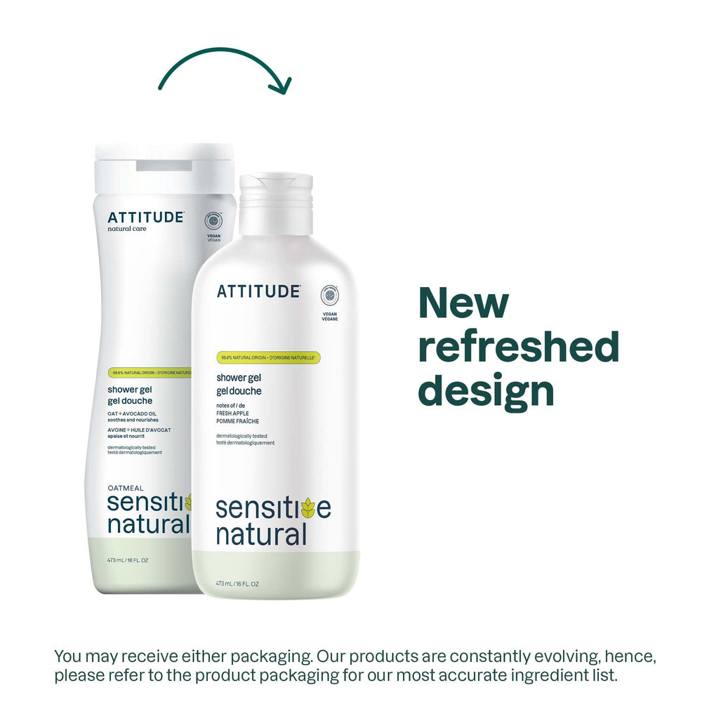 ATTITUDE gel-douche sensibilité avoine — mousse crèmeuse prête à nettoyer.