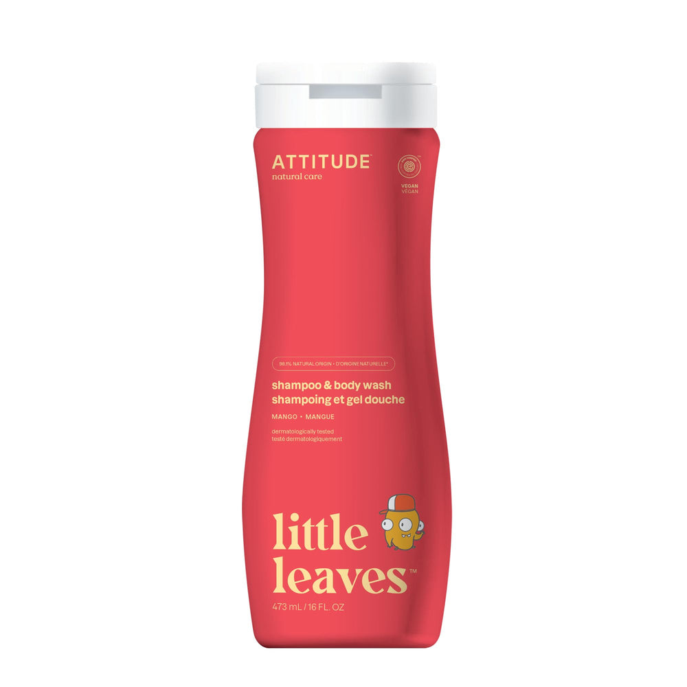 ATTITUDE Little Leaves 2-en-1, bouteille mango; nettoyage doux pour la peau et les cheveux.