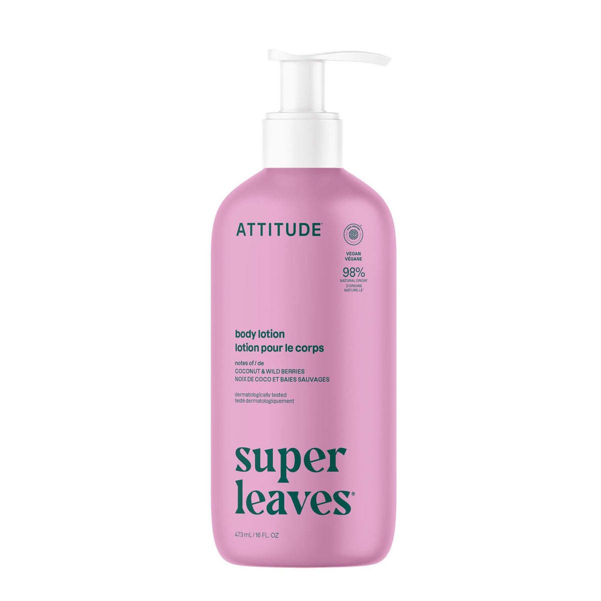 Lotion ATTITUDE: bouteille HDPE visible pour hydratation légère et non grasse.