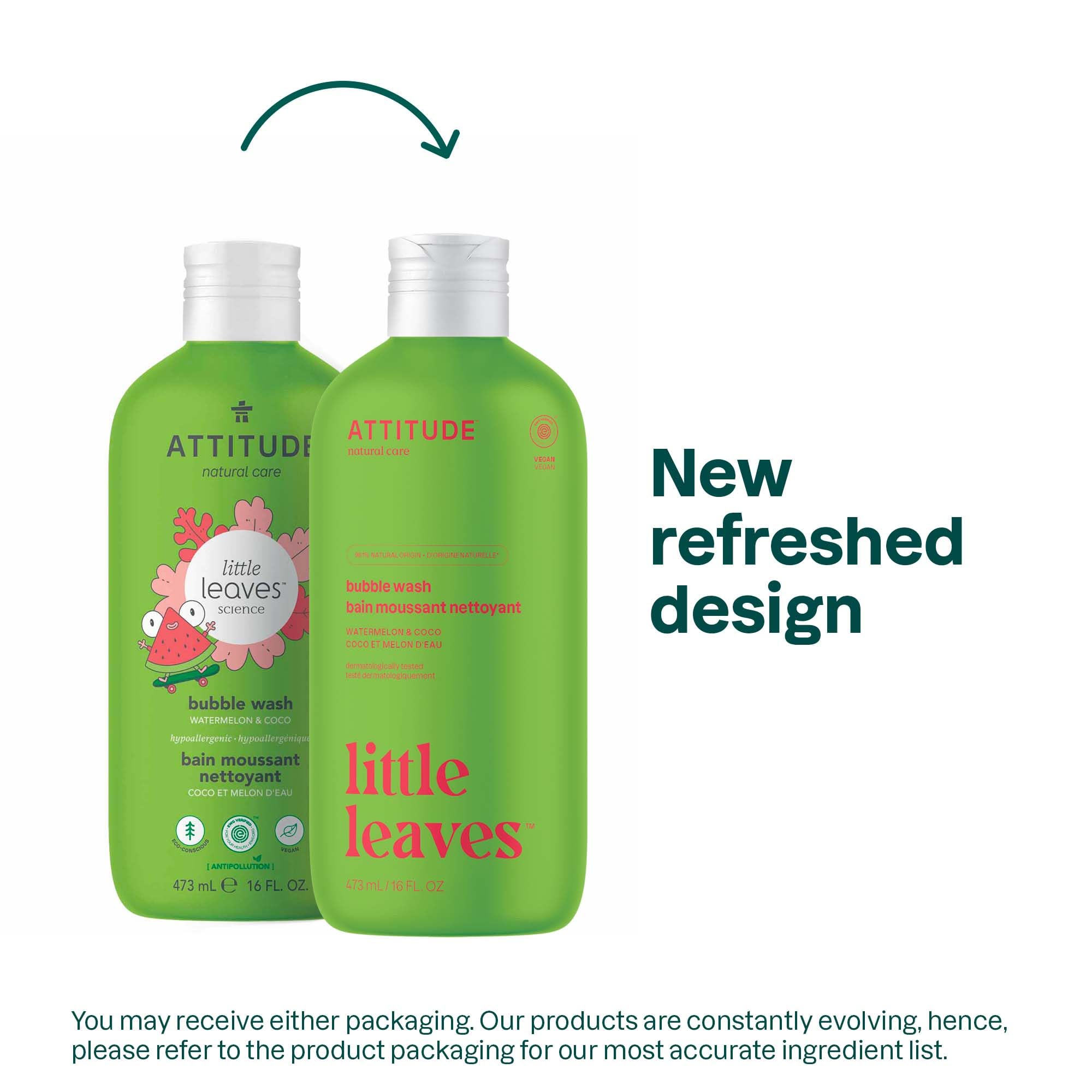 ATTITUDE ingrédients naturels Pastèque Coco, sans silicones ni colorants.