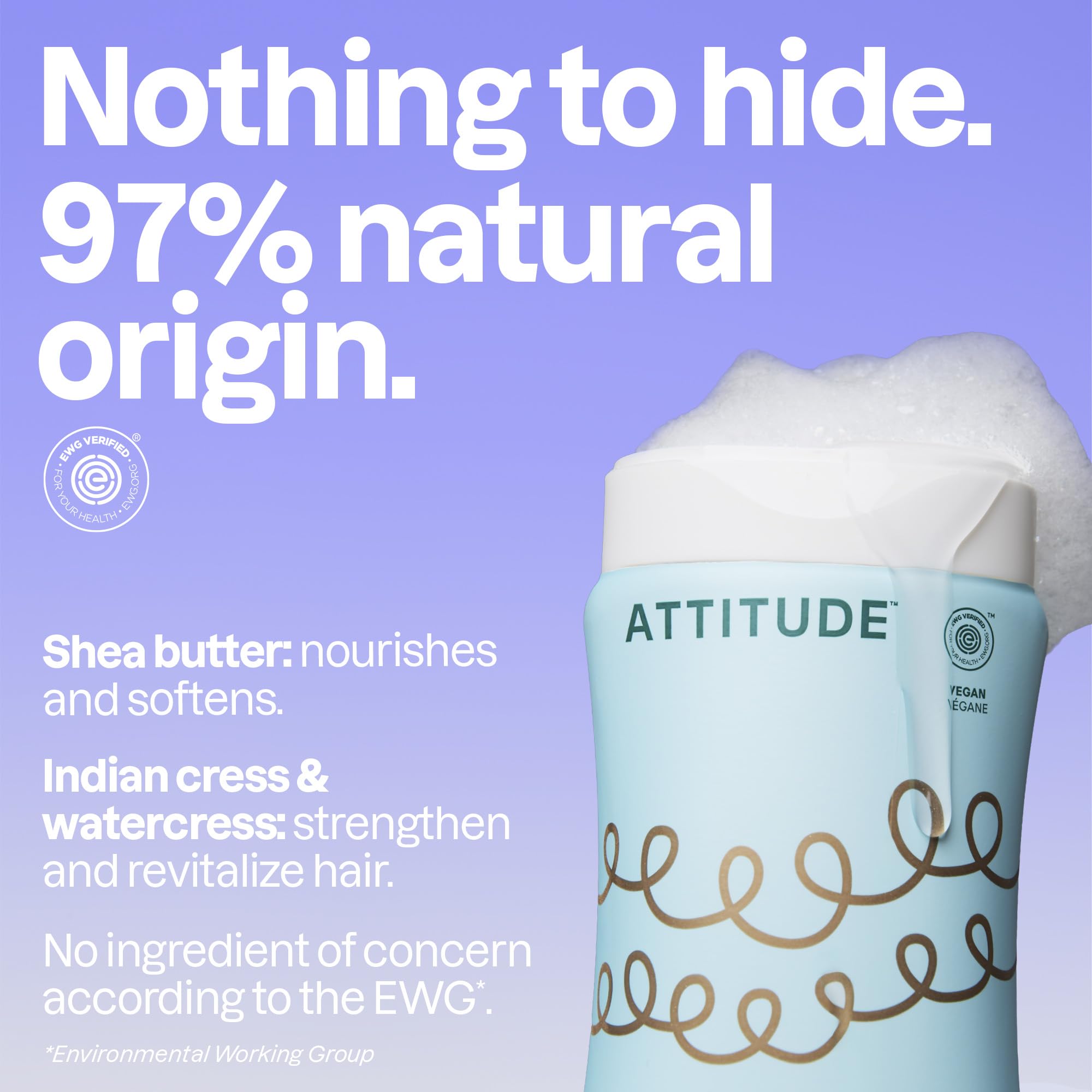 ATTITUDE shampoing ingrédients naturels avec cresson d'eau intégré pour une formule saine.
