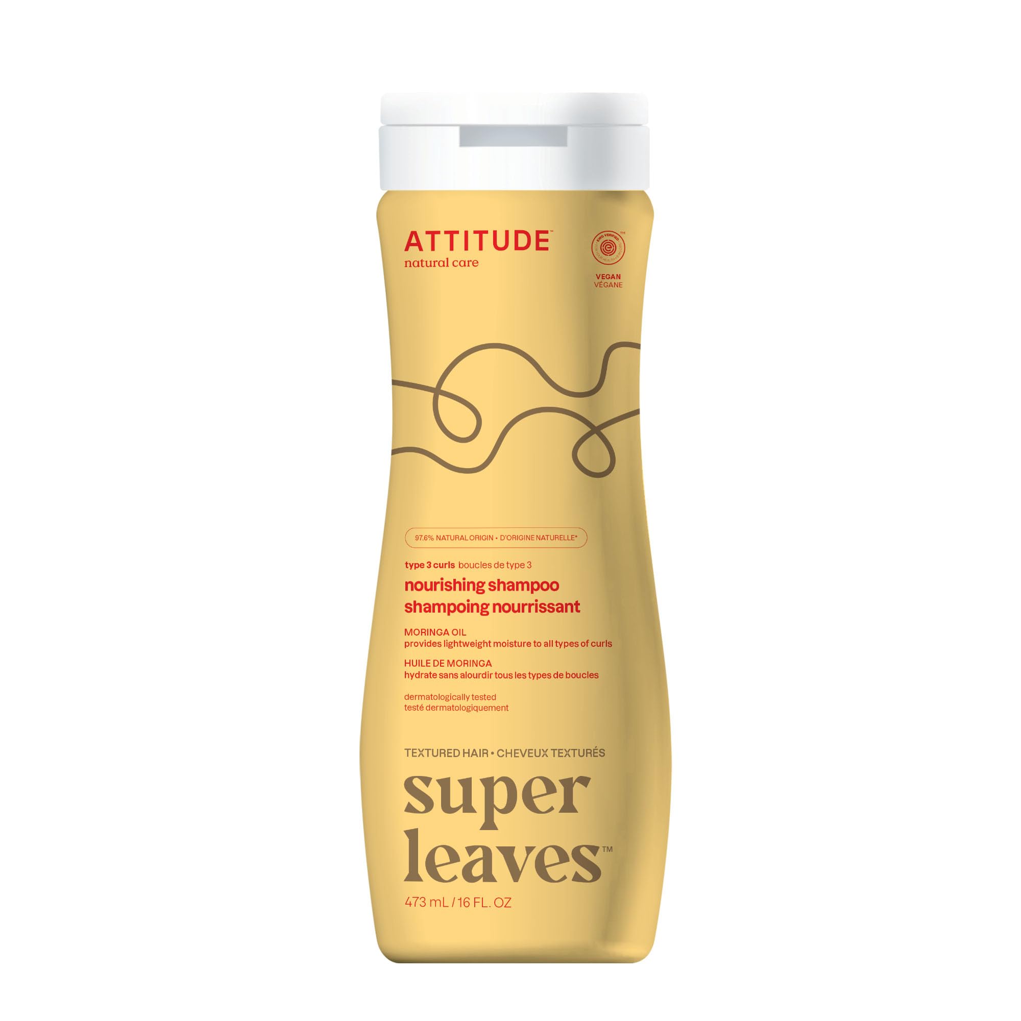ATTITUDE Shampoing Nourrissant Moringa — bouteille lumineuse, hydratation légère pour boucles souples.