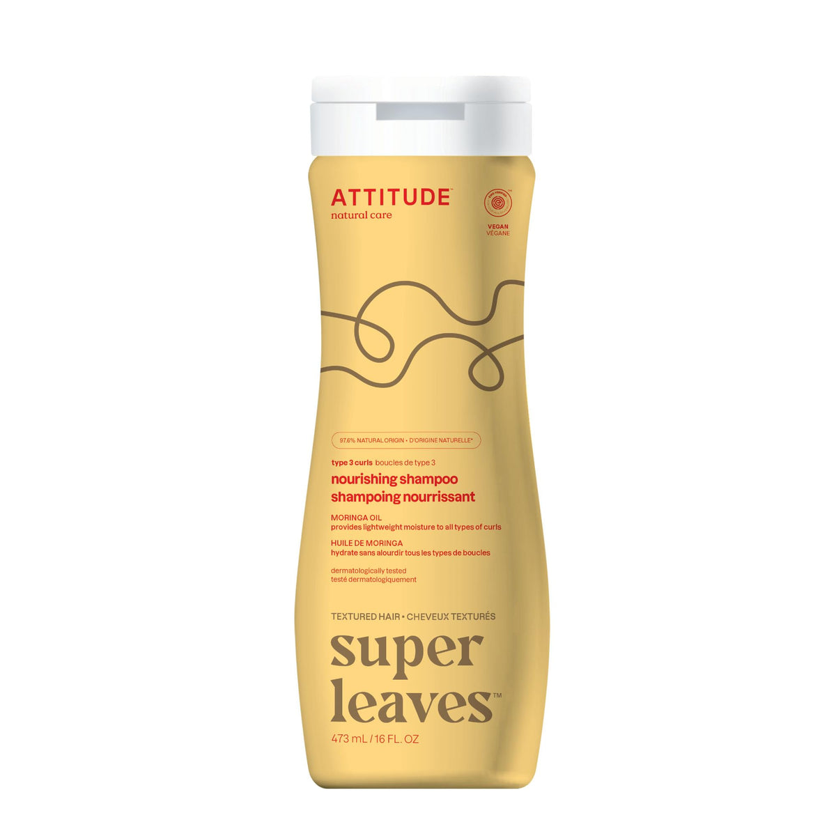 ATTITUDE Shampoing Nourrissant Moringa — bouteille lumineuse, hydratation légère pour boucles souples.