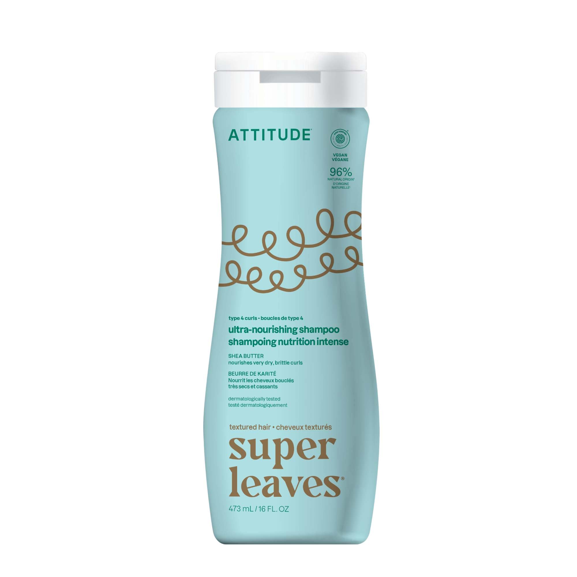 ATTITUDE shampoing ultra-nourrissant, bouteille visible, boucles nourries et éclatantes après lavage.