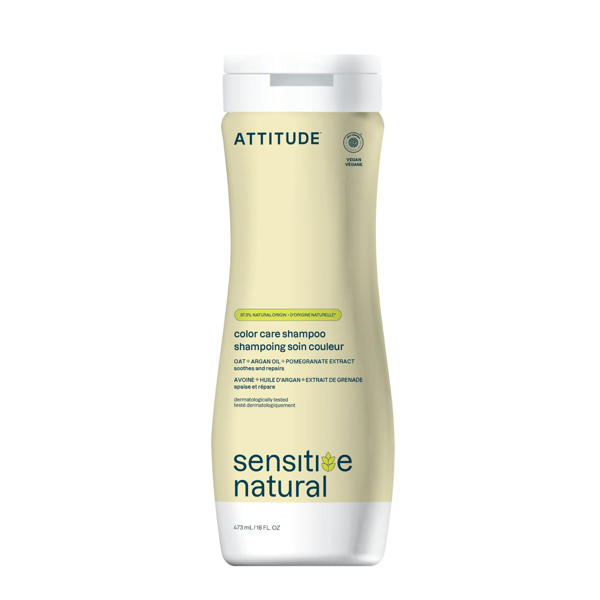 attitude shampoing sensitif pour cheveux colorés — bouteille élégante et soin en douceur.