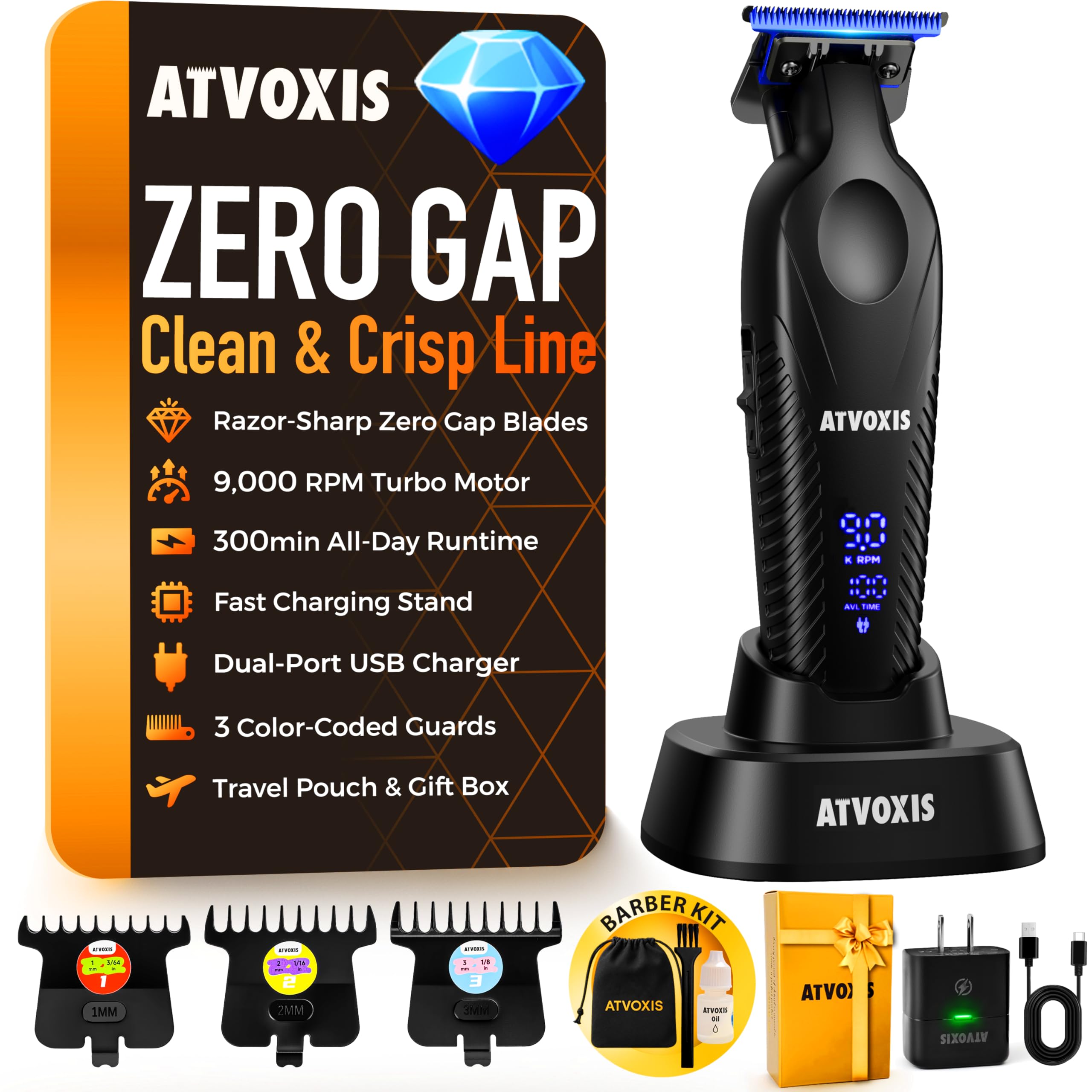 ATVOXIS Zero Gap tondeuse professionnelle avec affichage 9000tr/min pour contours nets.