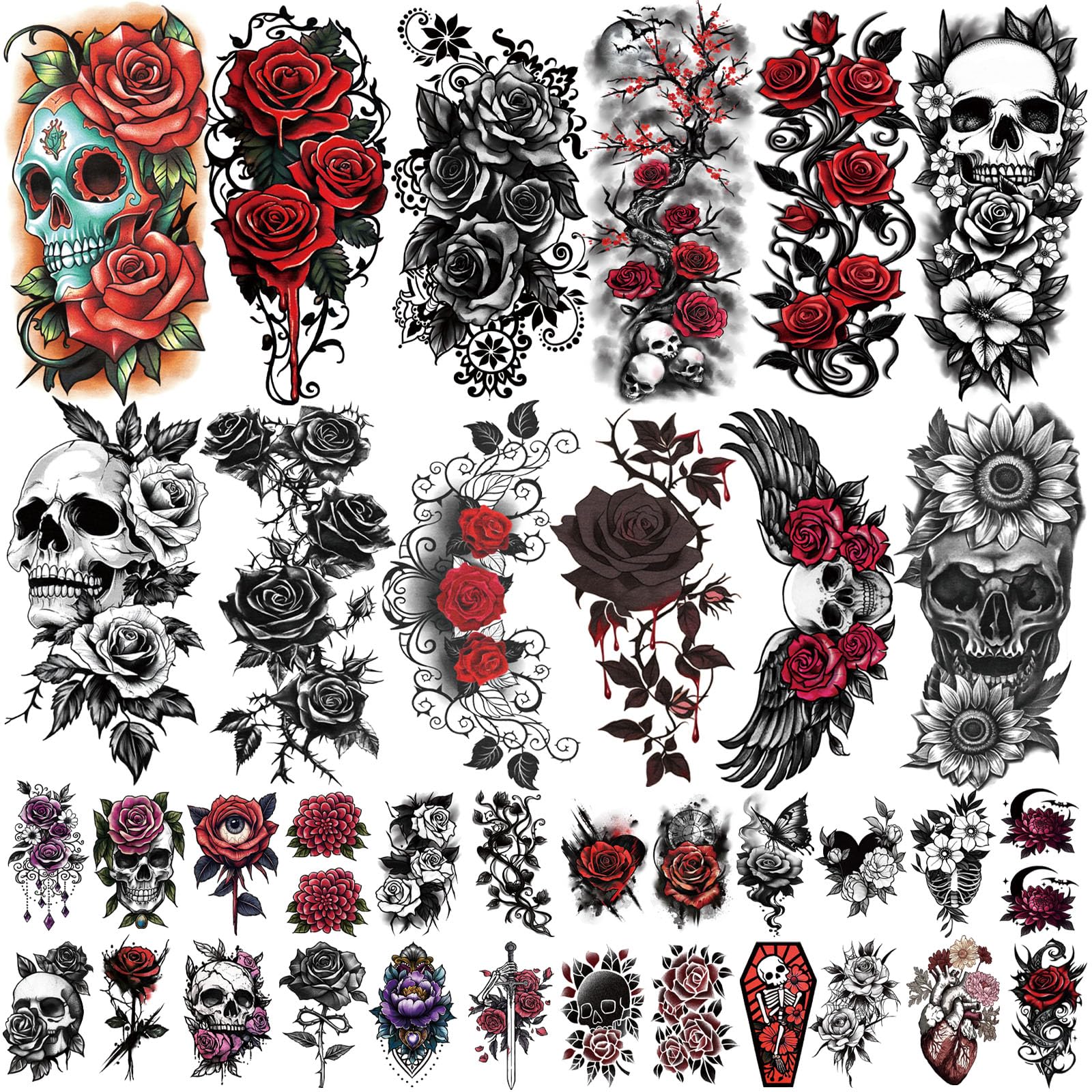 ATYDKUG tatouage temporaire squelette-fleurs grande taille pour le bras, réalisme