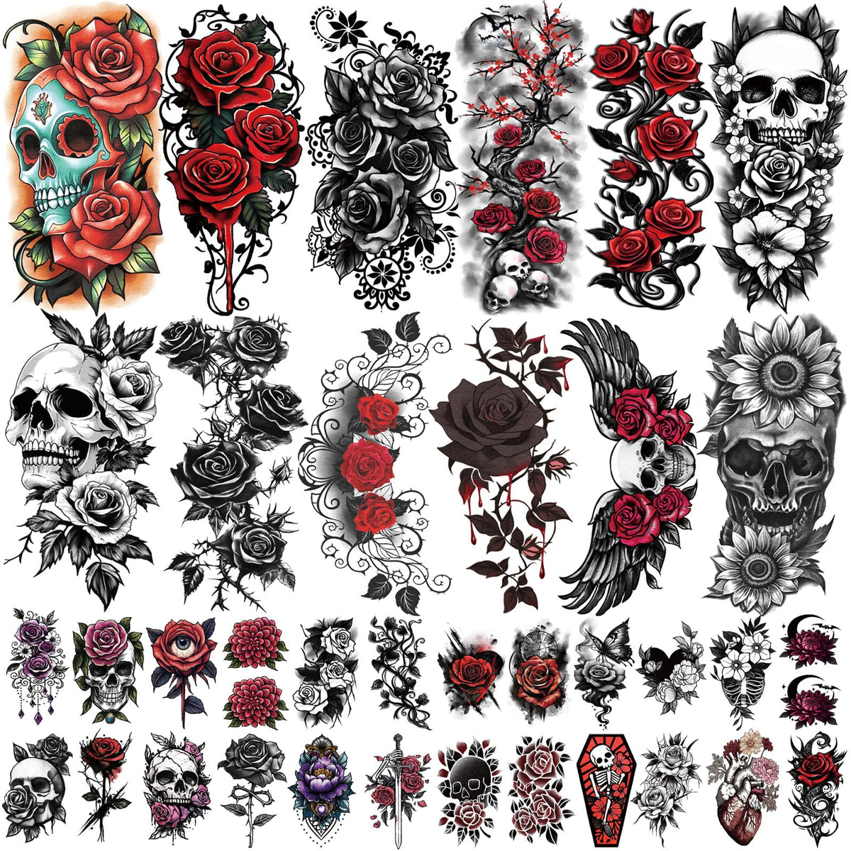 ATYDKUG tatouage temporaire squelette-fleurs grande taille pour le bras, réalisme