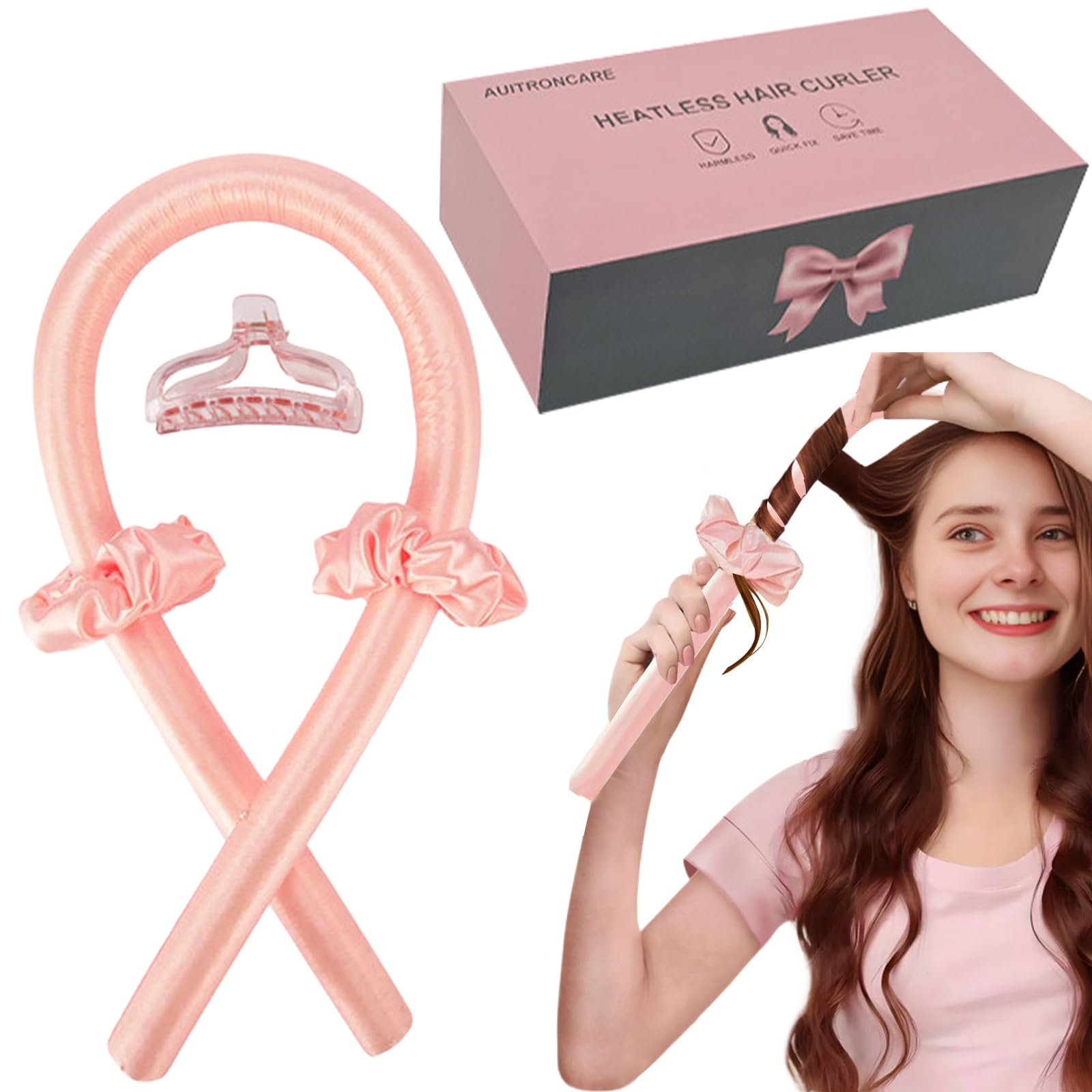 AUITRONCARE ensemble boucles sans chaleur rose avec bandeau, pratique et sans chaleur pour dormir.
