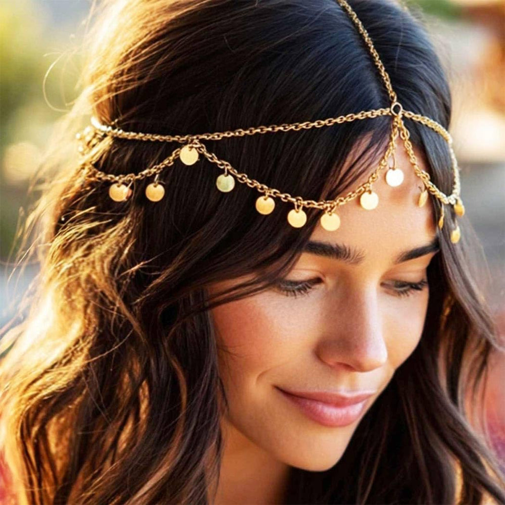 Aukmla chaîne-cheveux sequins-or glamour et éblouissant pour événements.