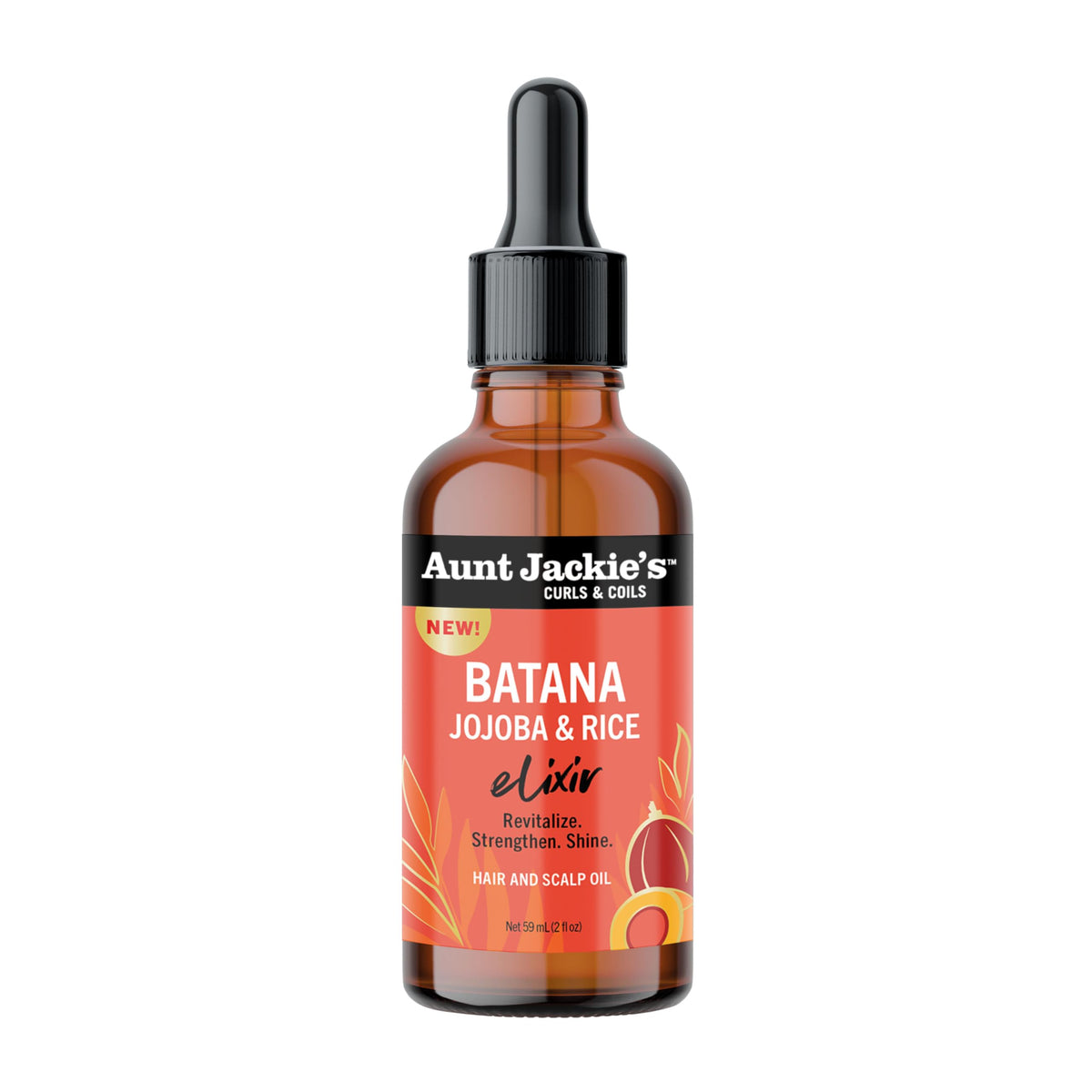 Aunt Jackie's Batana Jojoba Riz Elixir, bouteille 2oz, hydratation en profondeur pour cheveux doux.