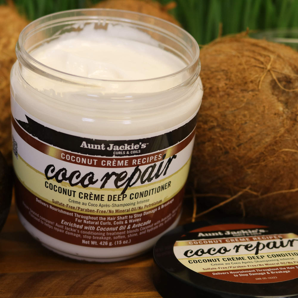 Aunt Jackie's Coco Repair – texture soyeuse qui démêle et assouplit les cheveux.