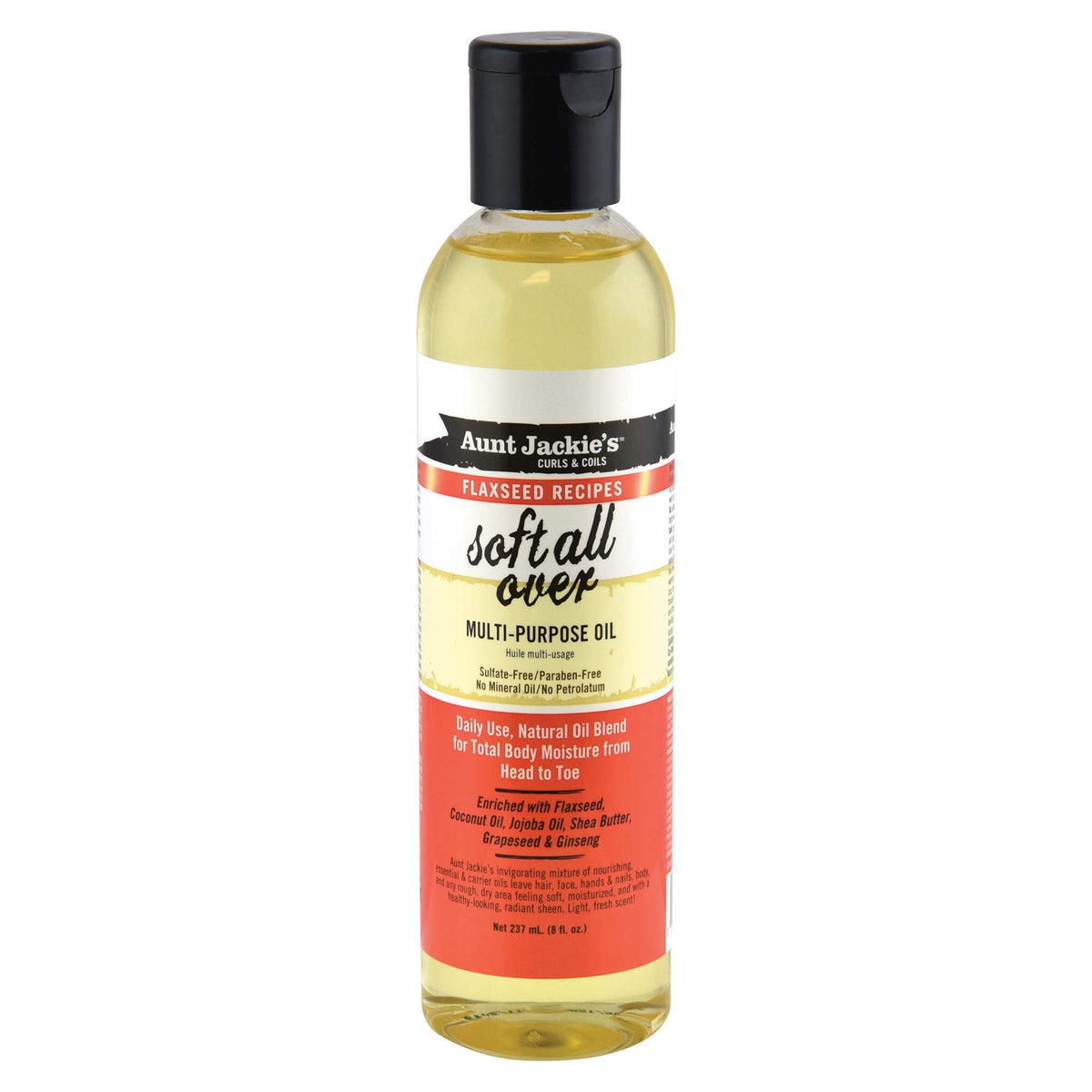 Huile polyvalente Aunt Jackie's en bouteille pour cheveux et peau, douceur naturelle.