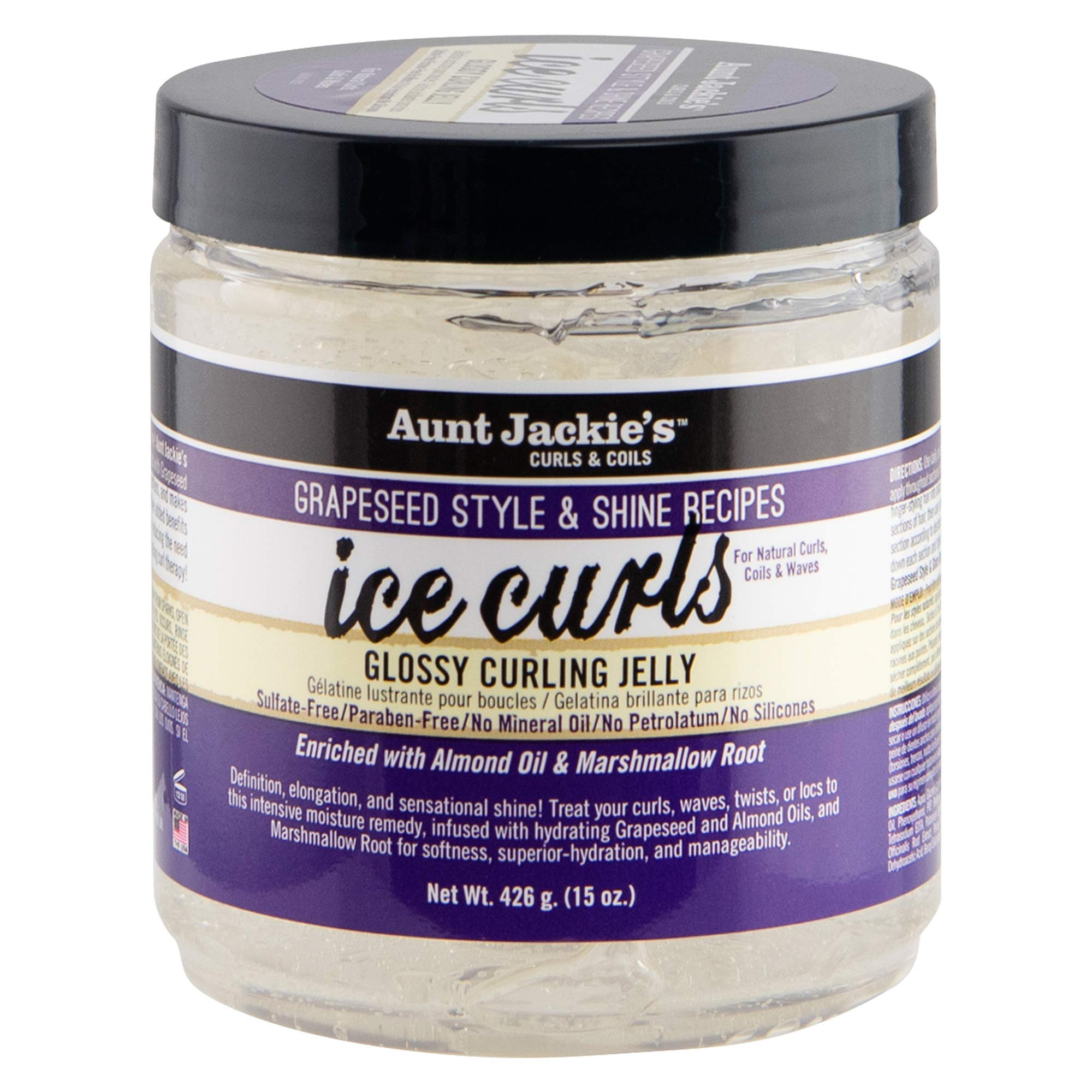 Aunt Jackie's Ice Curls, bouteille 15oz, démontrant brillance et définition des boucles
