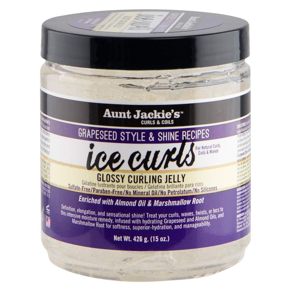 Aunt Jackie's Ice Curls, bouteille 15oz, démontrant brillance et définition des boucles