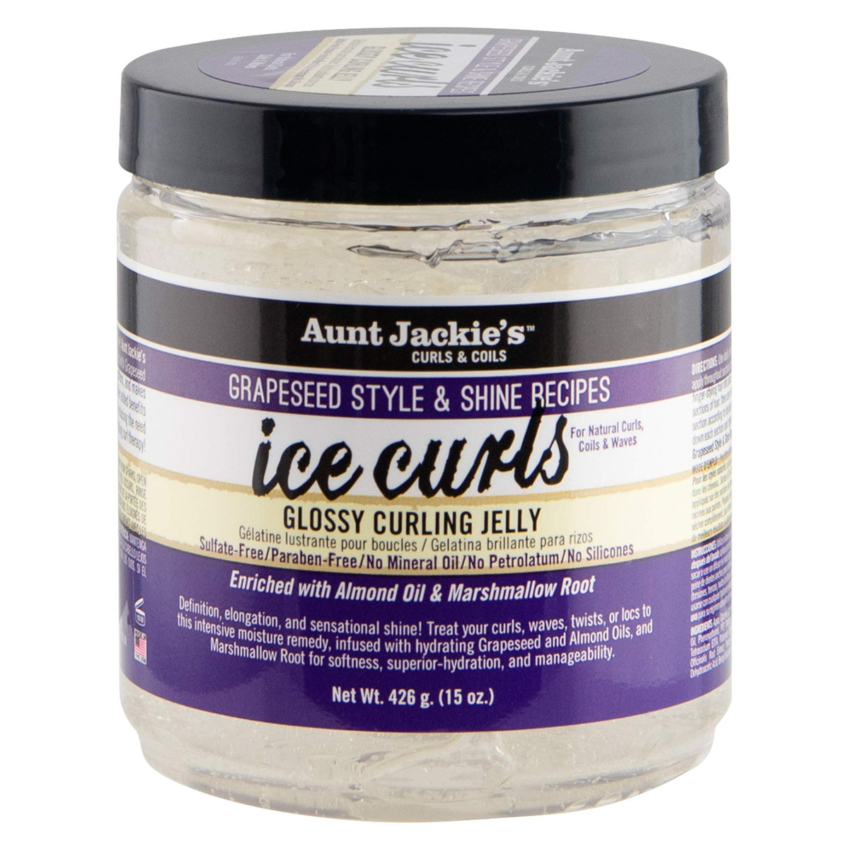 Aunt Jackie's Ice Curls, bouteille 15oz, démontrant brillance et définition des boucles