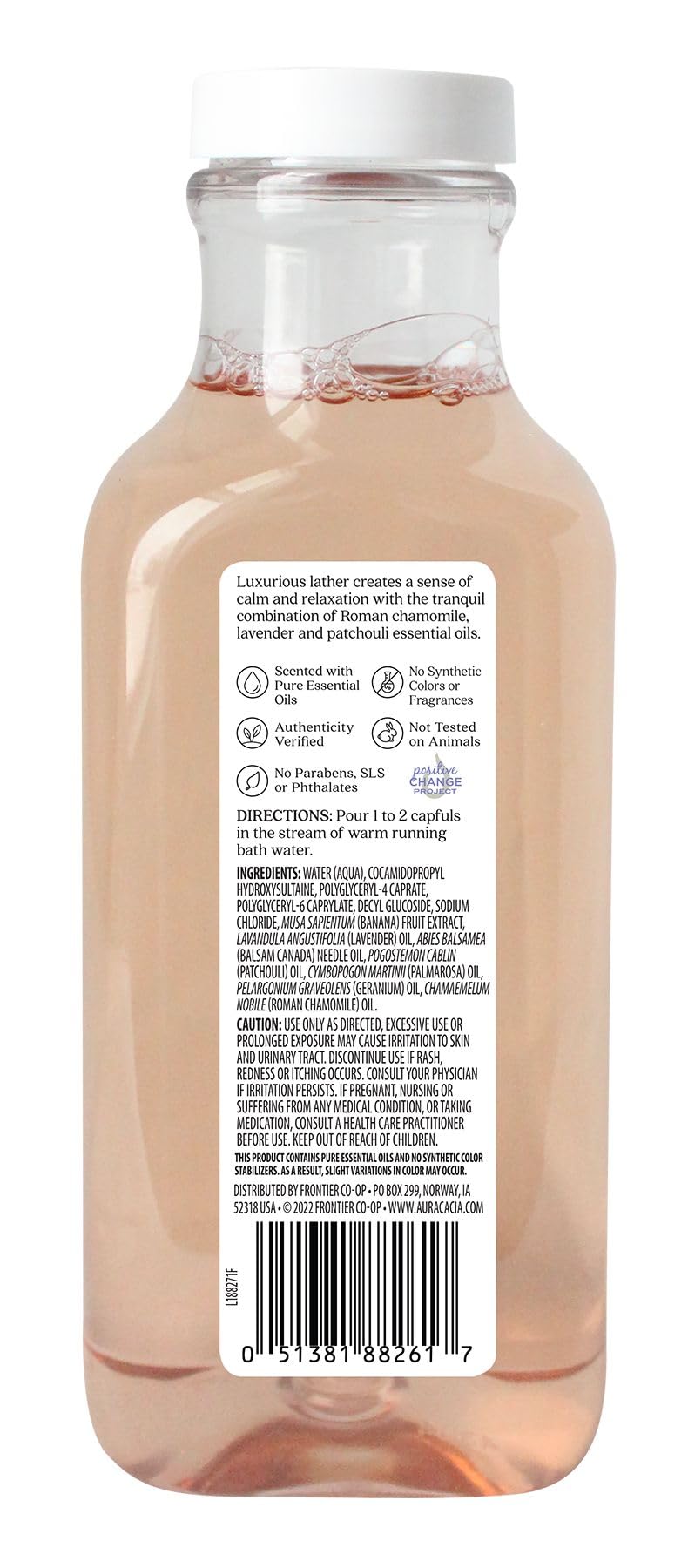 Aura Cacia flacon bain-moussant camomille, mousse douce pour une routine nocturne.