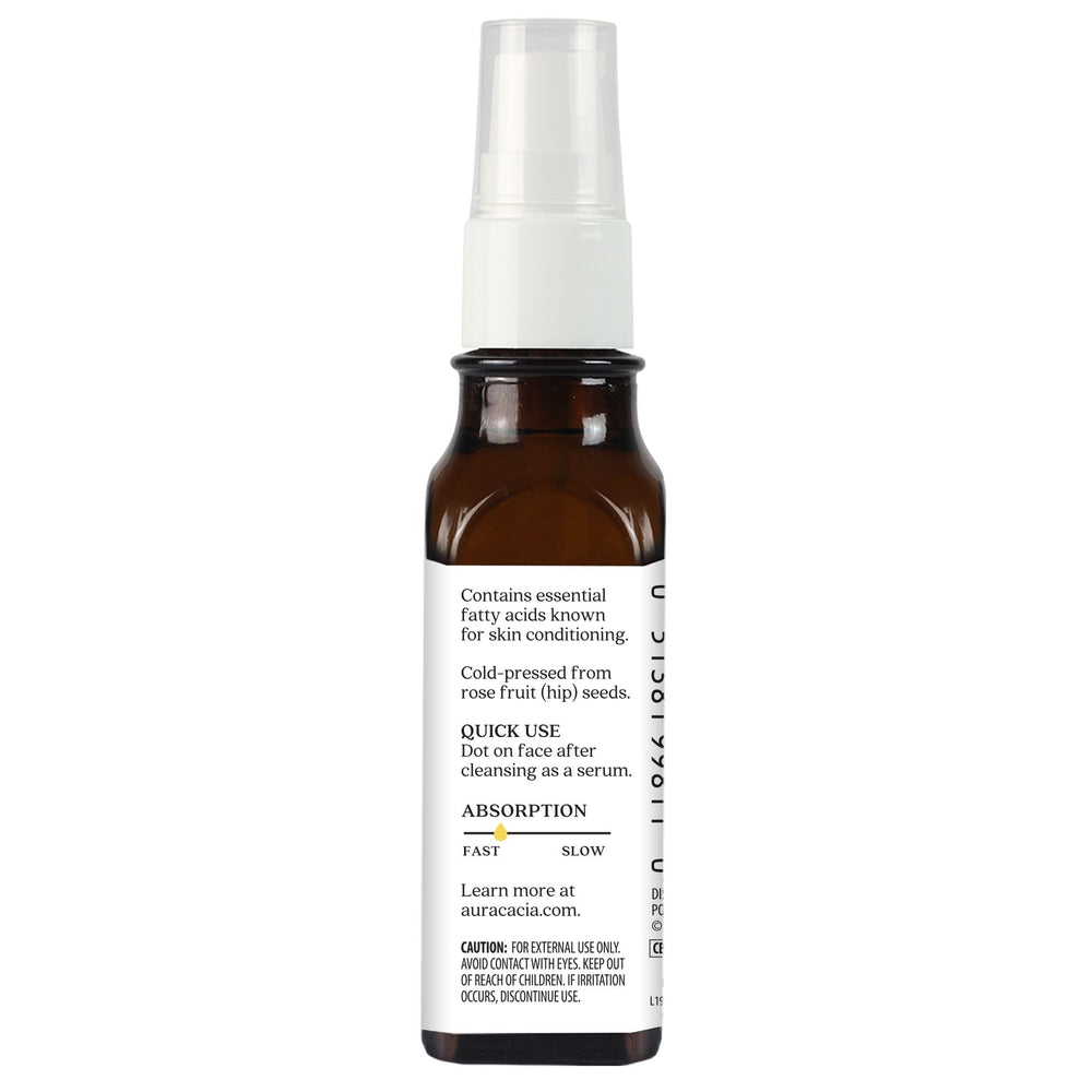 Aura Cacia huile d'argousier, texture satinée qui pénètre rapidement pour une peau douce et nourrie.