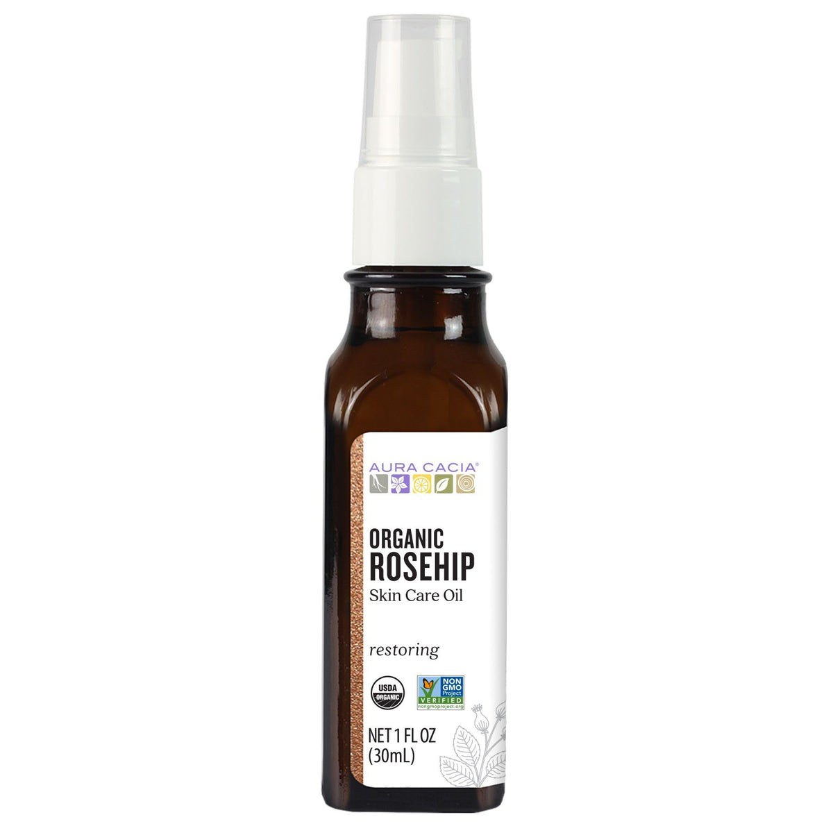 Aura Cacia huile d'argousier — visage, bouteille élégante pour une application facile et hydratante.