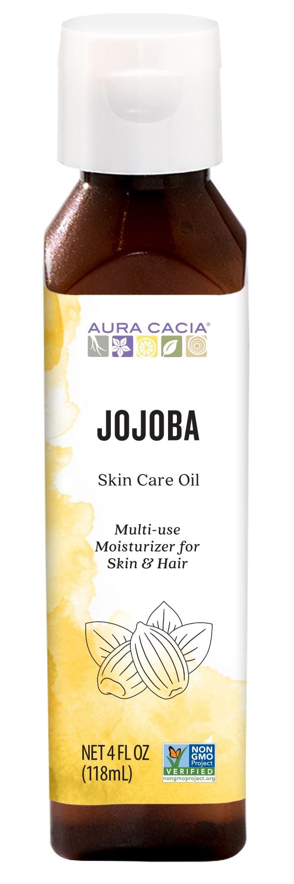 Aura Cacia huile soin peau jojoba – bouteille 4oz hydratation légère et absorption rapide.