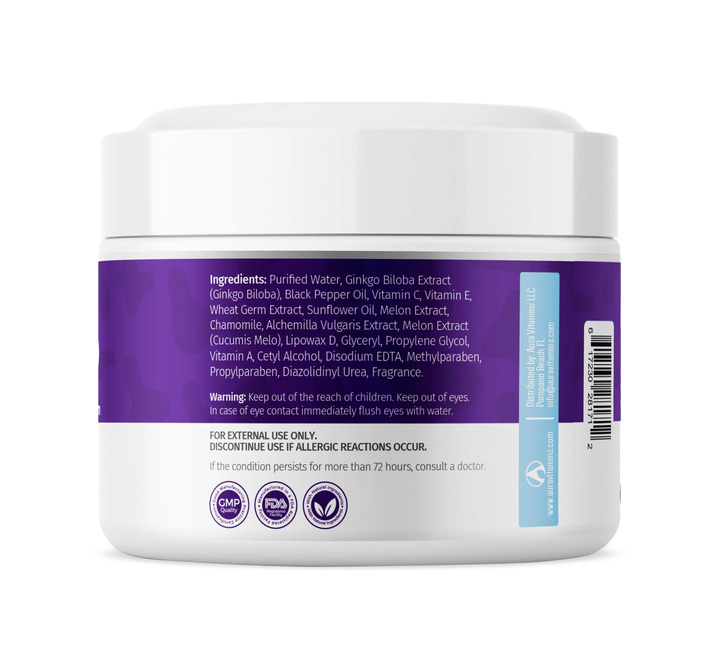 Emballage pratique et sans cruauté du produit Aura Vitamins.
