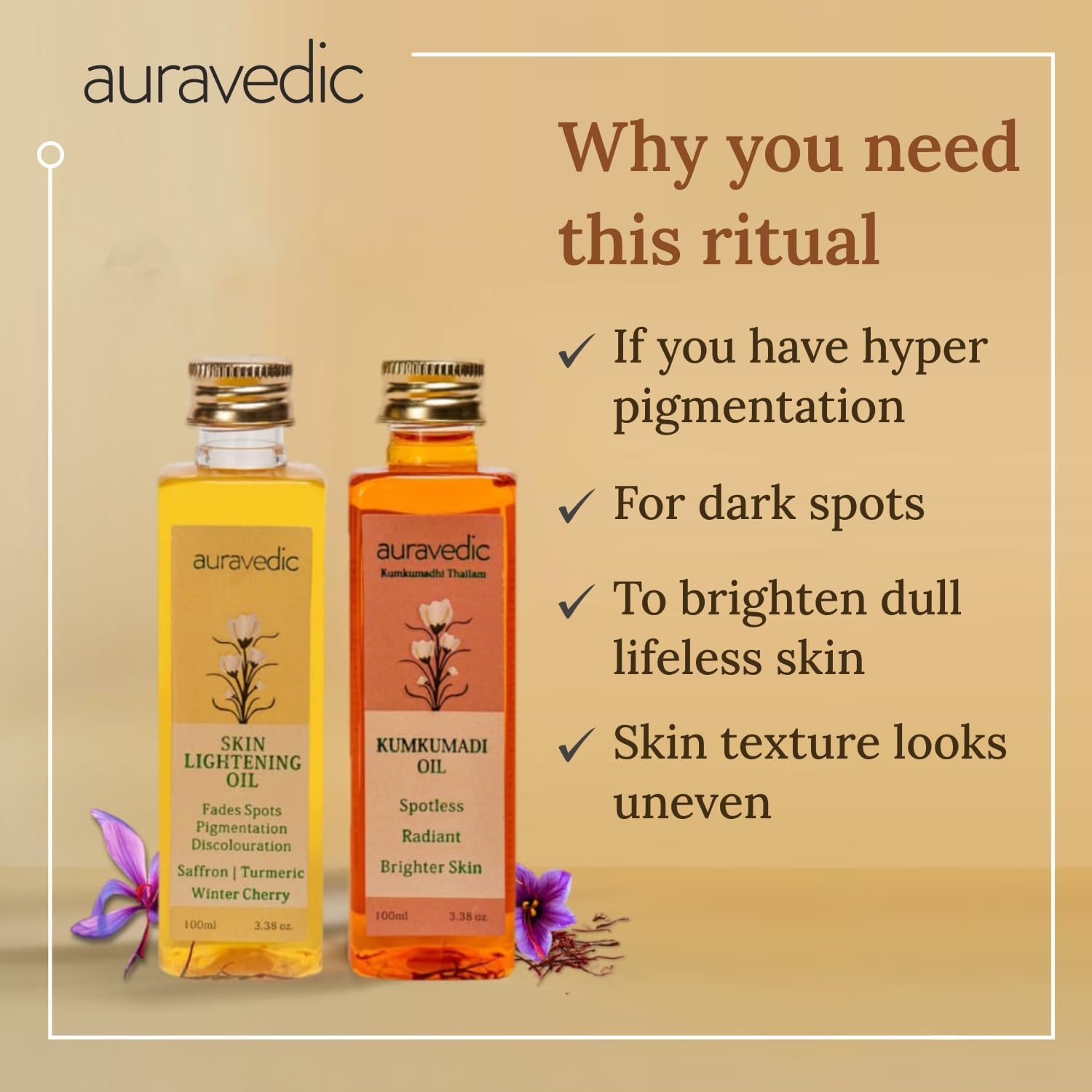 Auravedic huile kumkumadi safran curcuma: ingrédients botaniques pour éclat naturel.