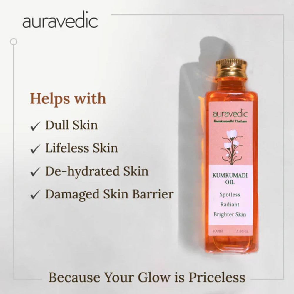 Rituel quotidien: huile Kumkumadi Auravedic pour soin visage régulier.