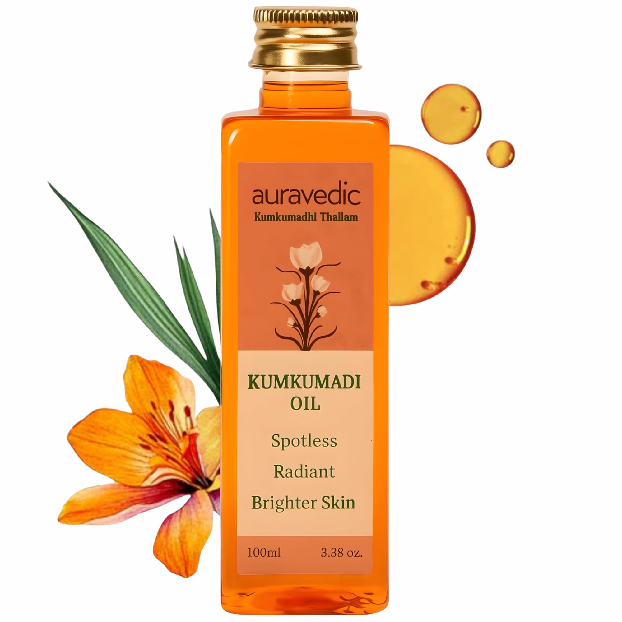 Auravedic Kumkumadi huile visage safran pur, éclat naturel et douceur.