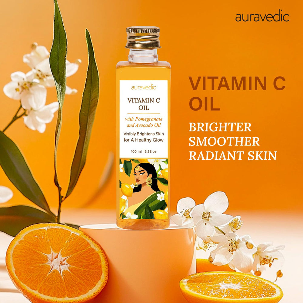 Auravedic Vitamine C huile-visage – texture légère et absorption rapide, idéale pour préparer la peau.