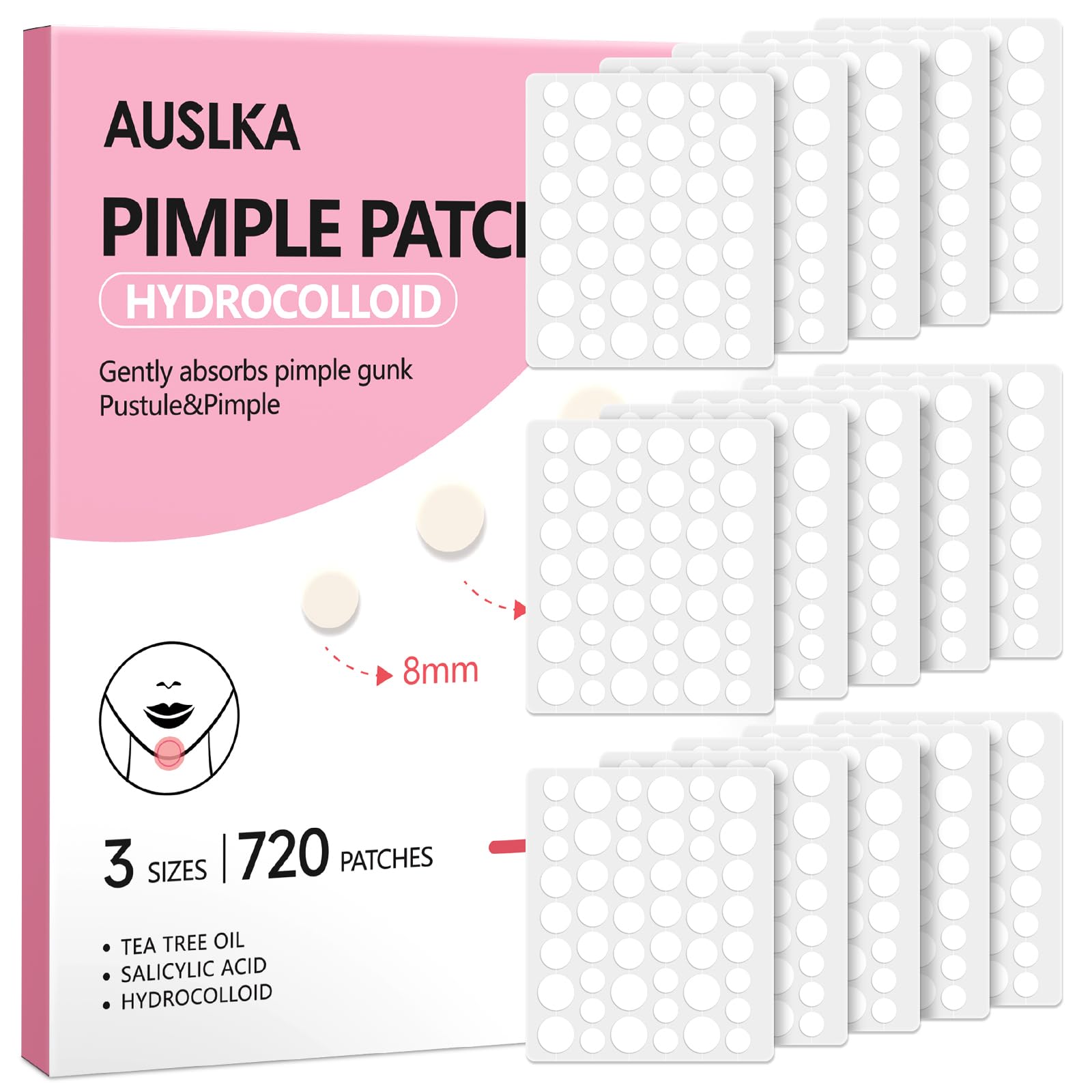 Patch AUSLKA anti-boutons visage 8 mm, couverture rapide pour petits boutons.