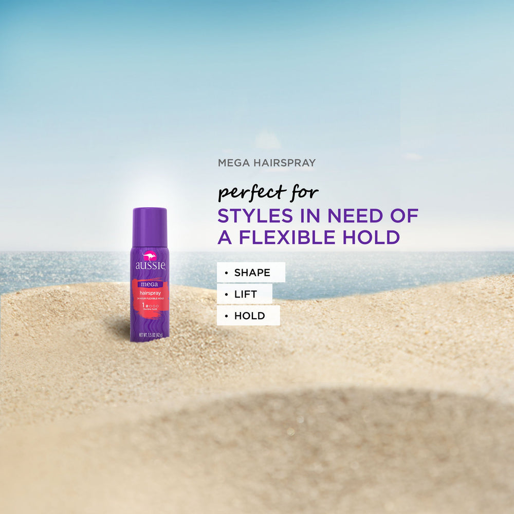 Aussie Mega Hairspray – coiffure jour et nuit grâce à sa tenue adaptable.
