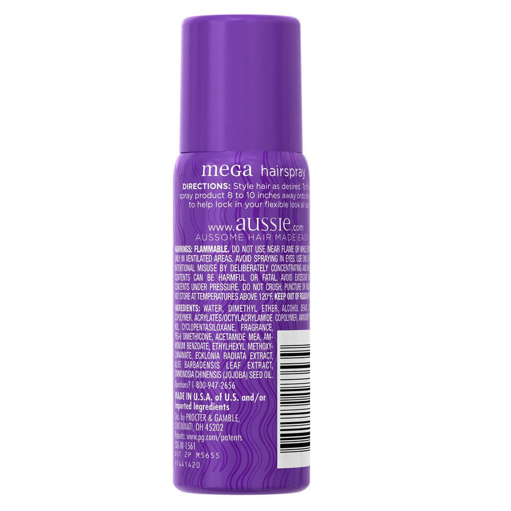 Aussie Mega Hairspray : fixation 24h pour une coiffure qui tient.