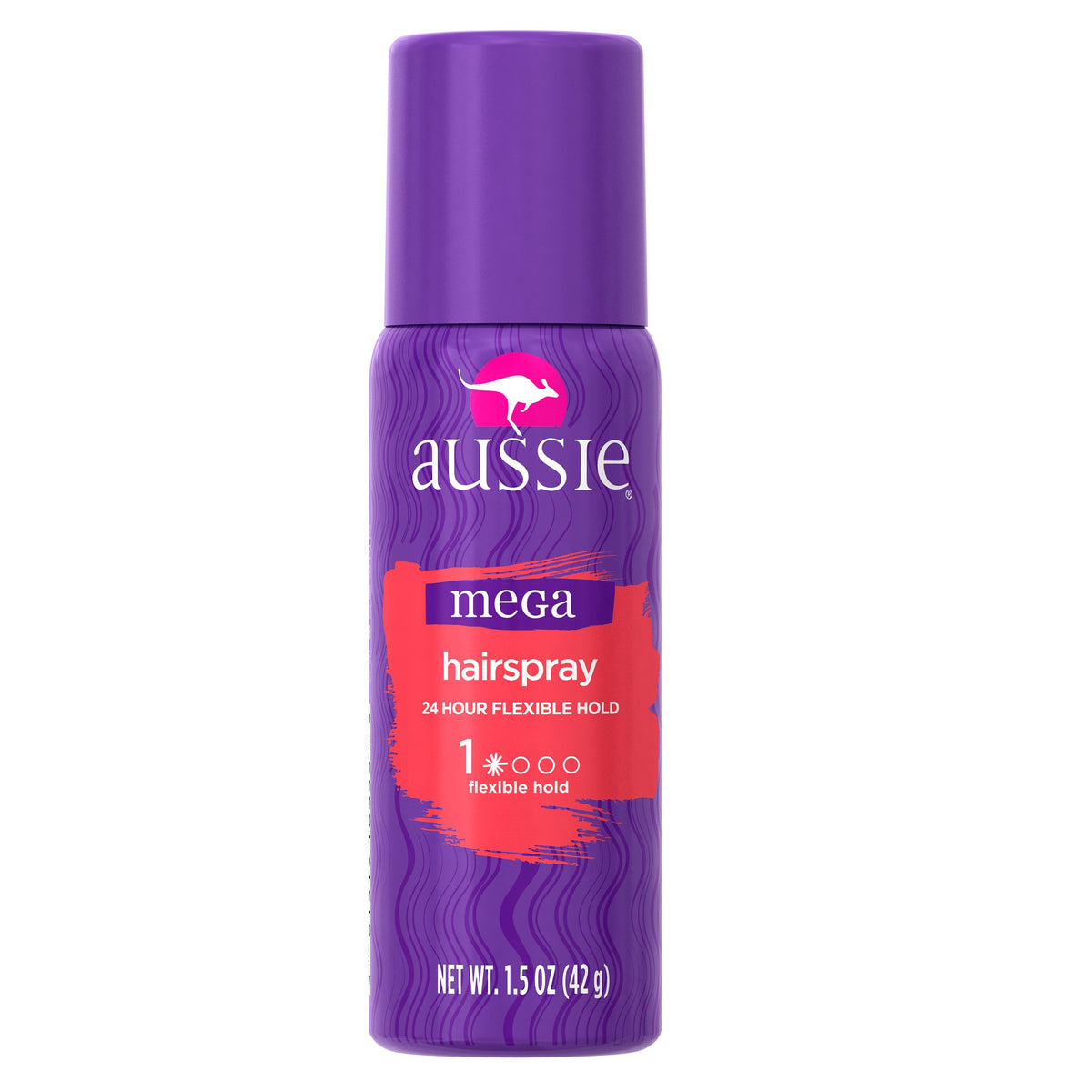 Aussie Mega Hairspray, flacon compact, pour une fixation durable en voyage.