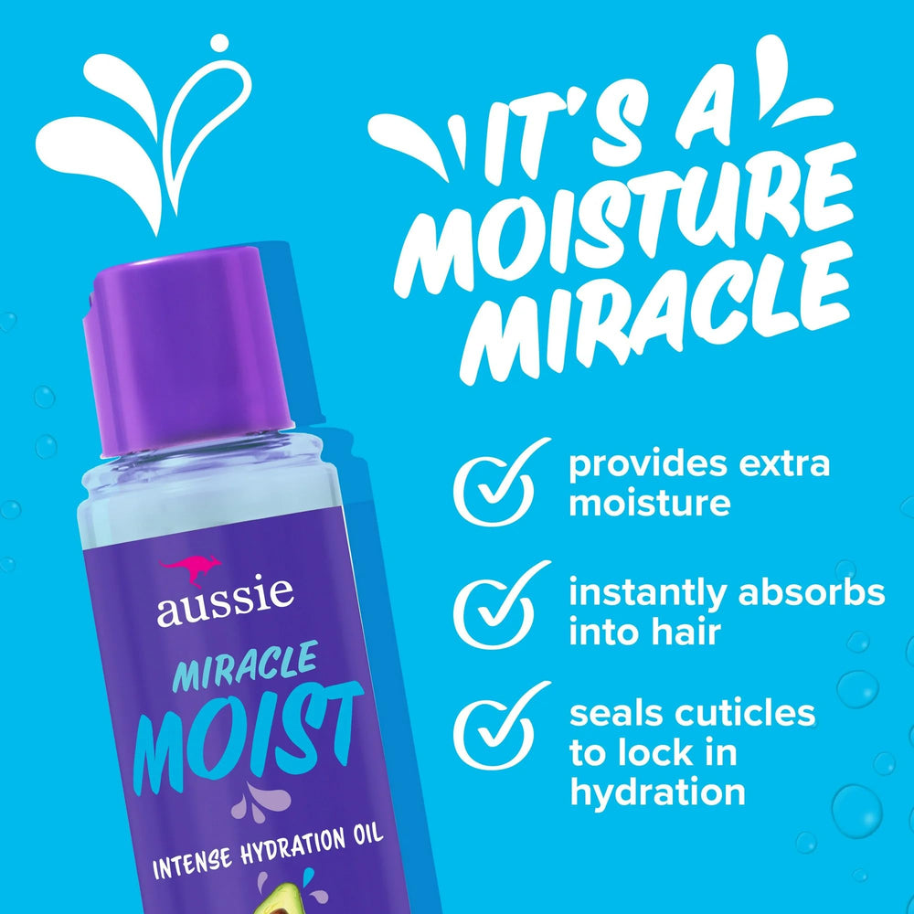 Aussie Miracle Moist Hair Oil – application sur cheveux humides pour une hydratation rapide.