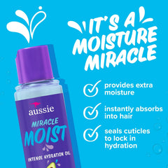 Aussie Miracle Moist Hair Oil – application sur cheveux humides pour une hydratation rapide.