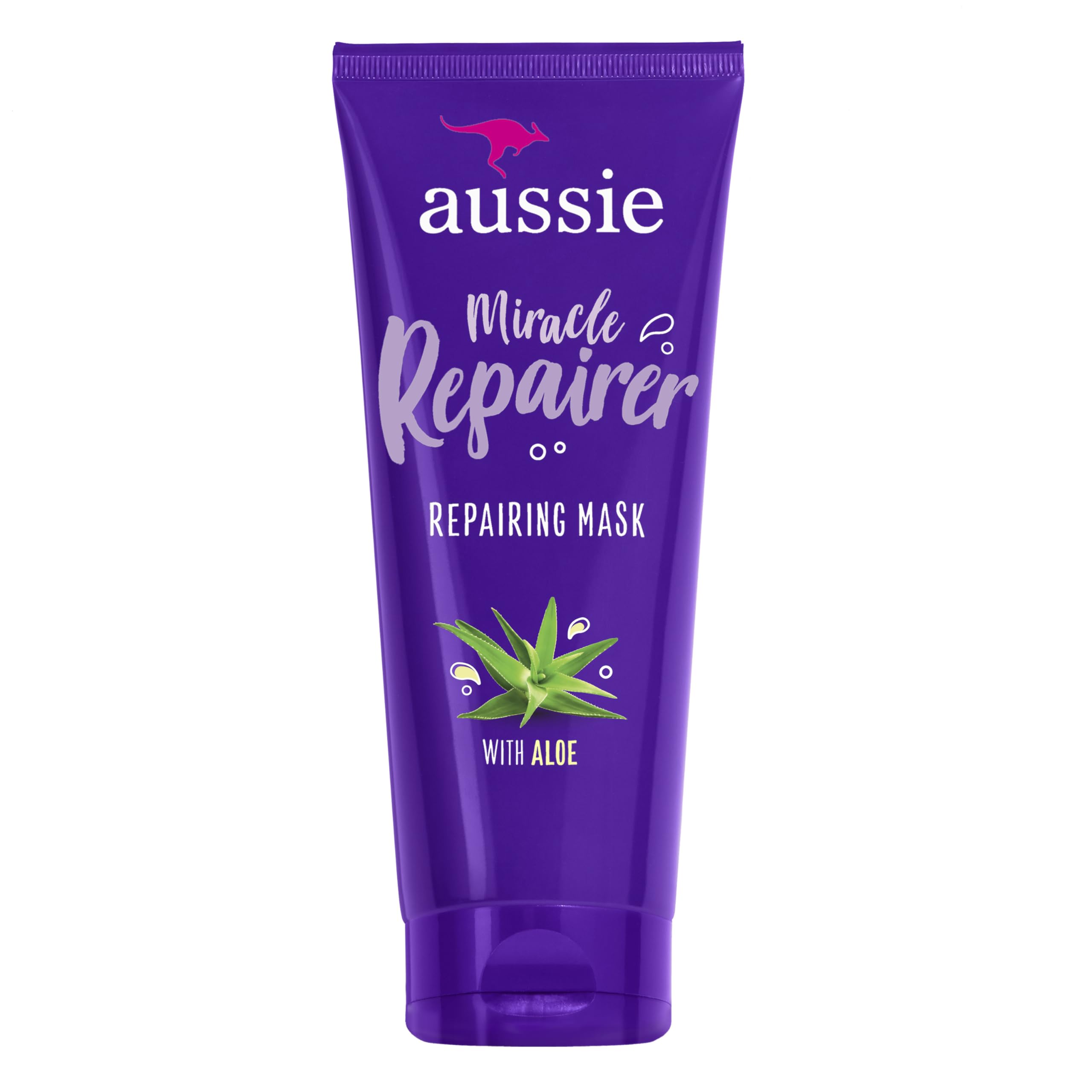 Aussie Miracle Repairer Masque Reconstruction – bouteille lumineuse prête pour hydratation en profondeur.