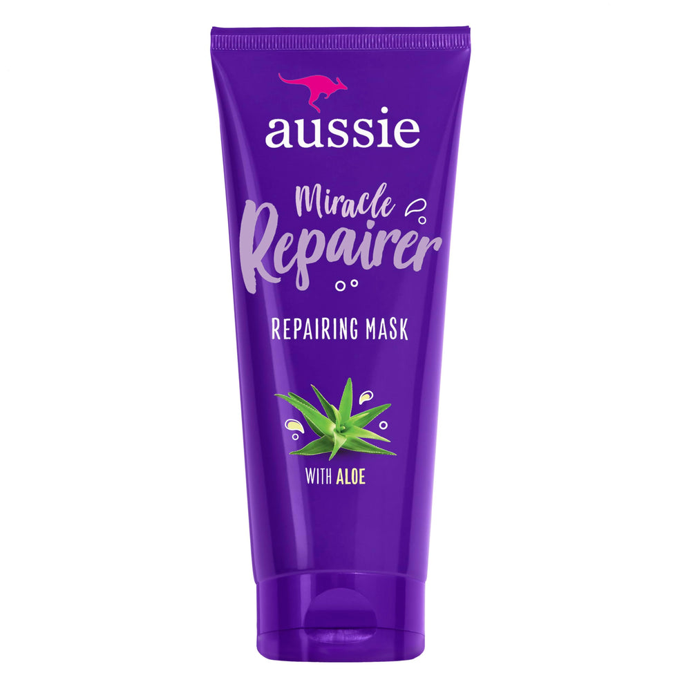 Aussie Miracle Repairer Masque Reconstruction – bouteille lumineuse prête pour hydratation en profondeur.