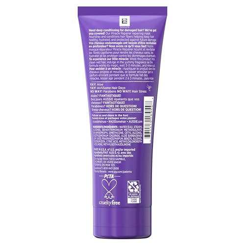 Aussie Miracle Repairer Masque Reconstruction – crème dense prête à nourrir les cheveux abîmés.