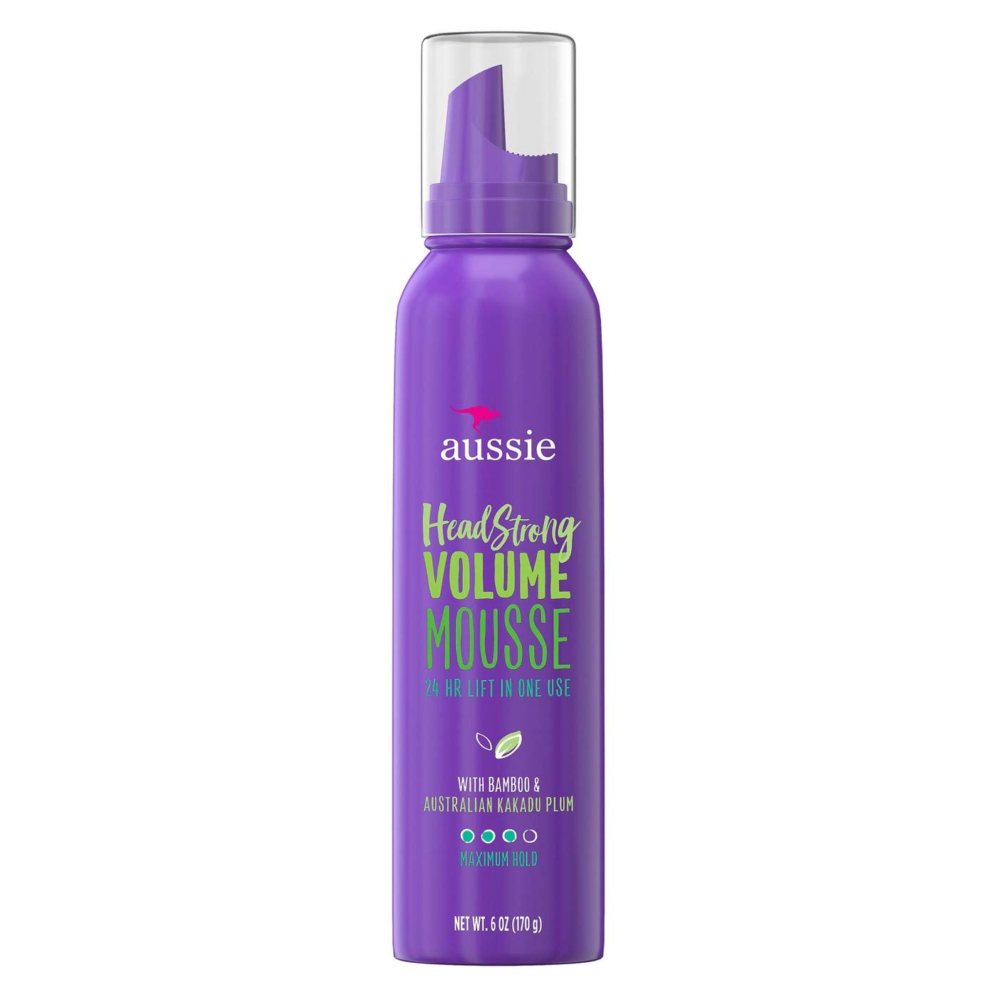 Produit Aussie Mousse Volume 6 onces, flacon mousse offrant tenue maximale et volume durable.