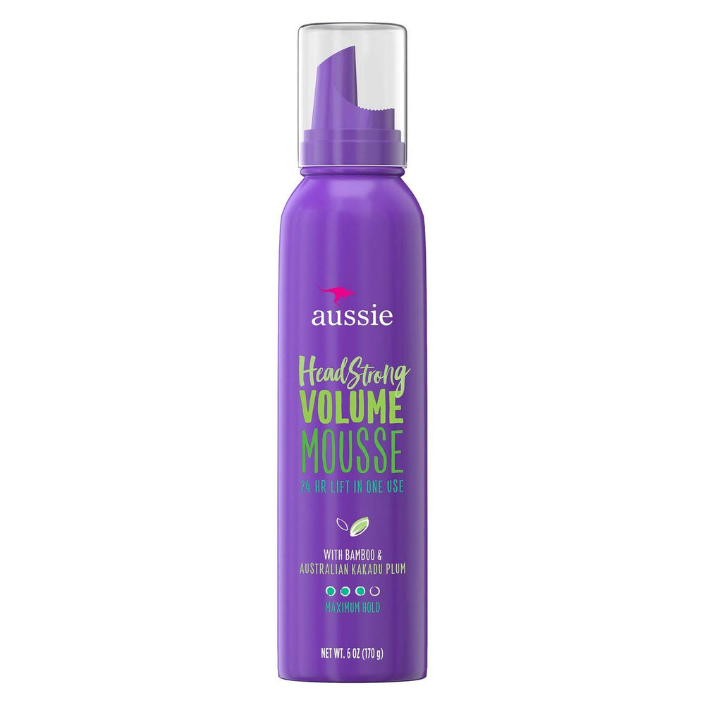 Produit Aussie Mousse Volume 6 onces, flacon mousse offrant tenue maximale et volume durable.