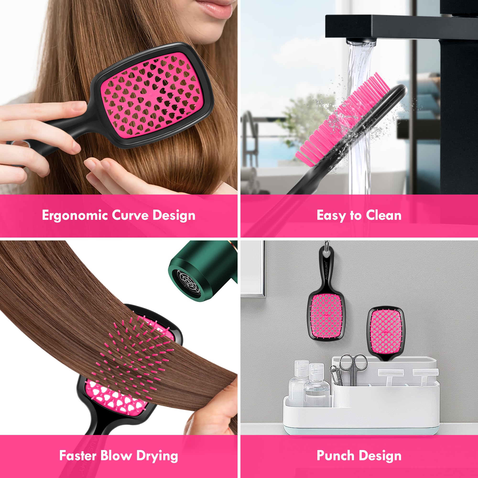 Brosse anti-frizz Aussumy pour cheveux secs, fini lisse et brillant.
