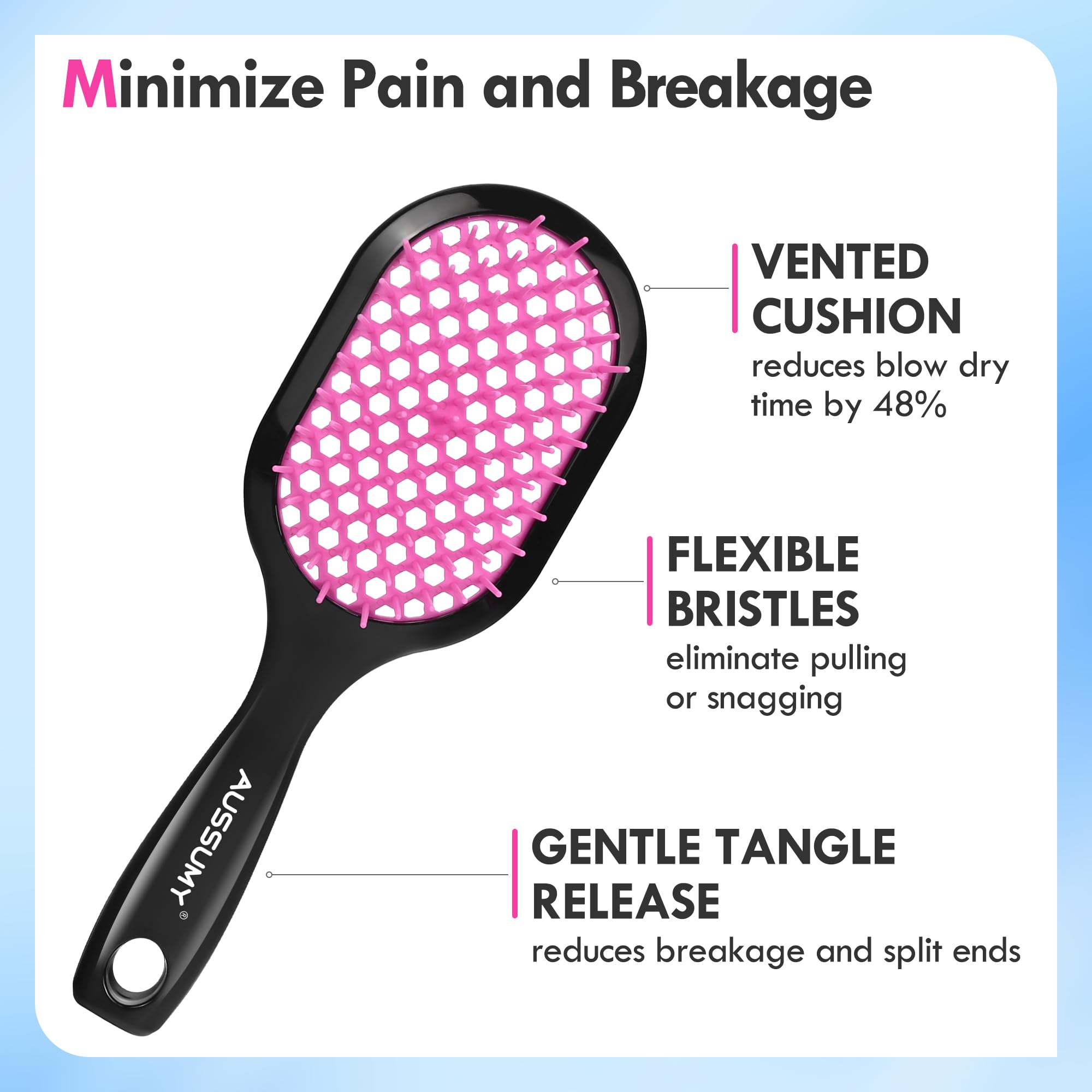 Brosse démêlante Aussumy sur table, démêlage rapide et sans douleur.