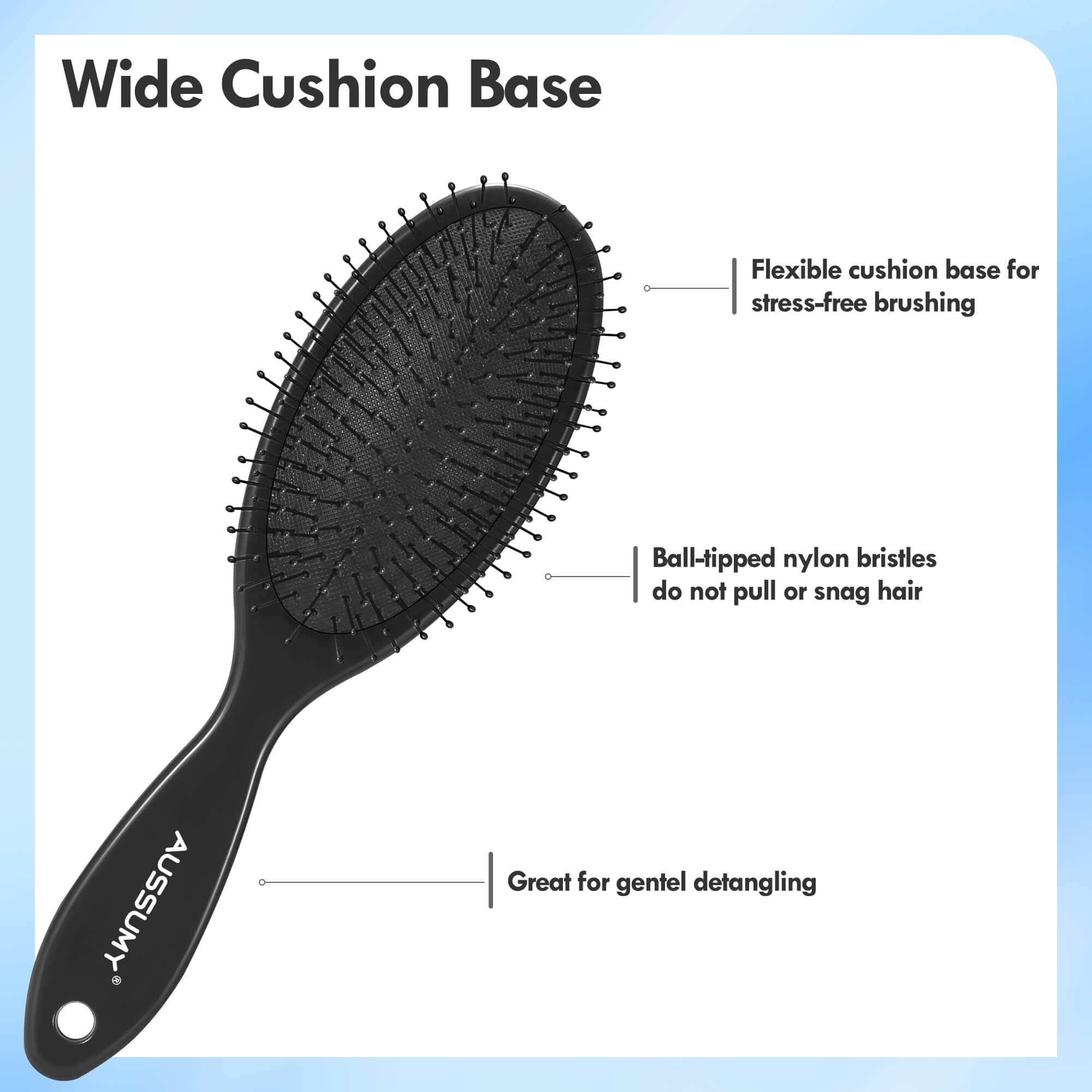 Brosse Aussumy massage cuir chevelu grâce aux poils doux.