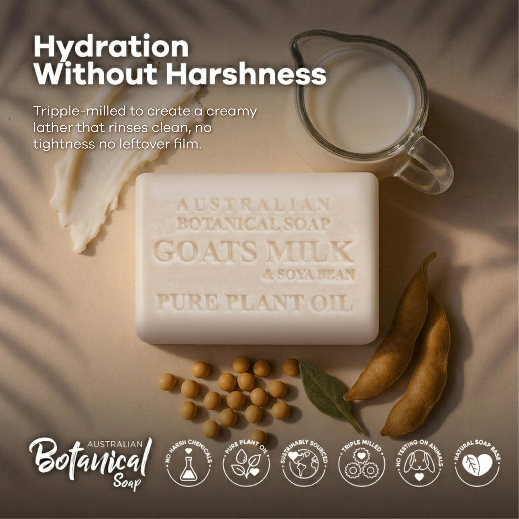 Australian Botanical Soap – barre à triple broyage, fini dense et durable.