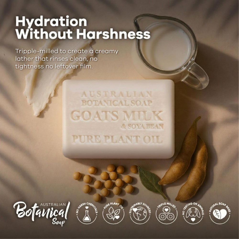 Australian Botanical Soap – barre à triple broyage, fini dense et durable.