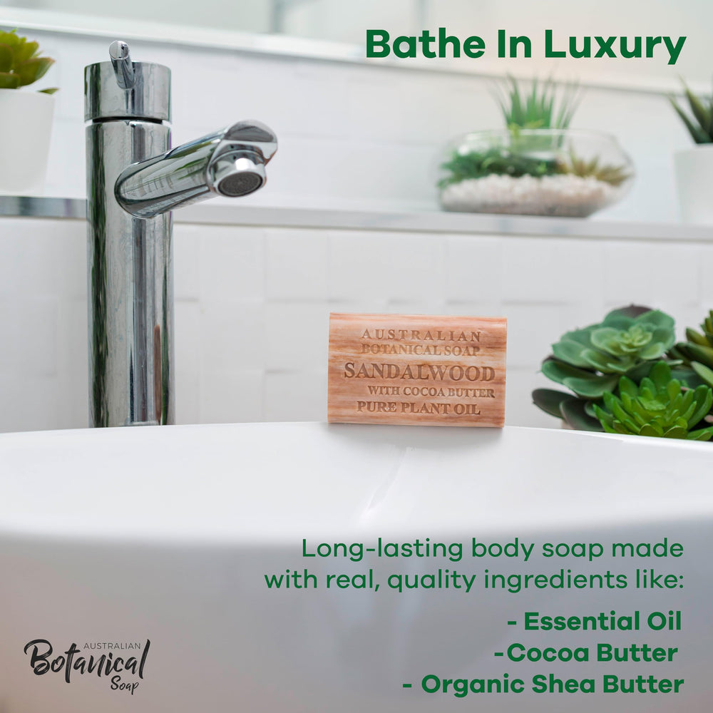 Australian Botanical Soap – barre triple millée, santal et cacao, mousse riche et durable.