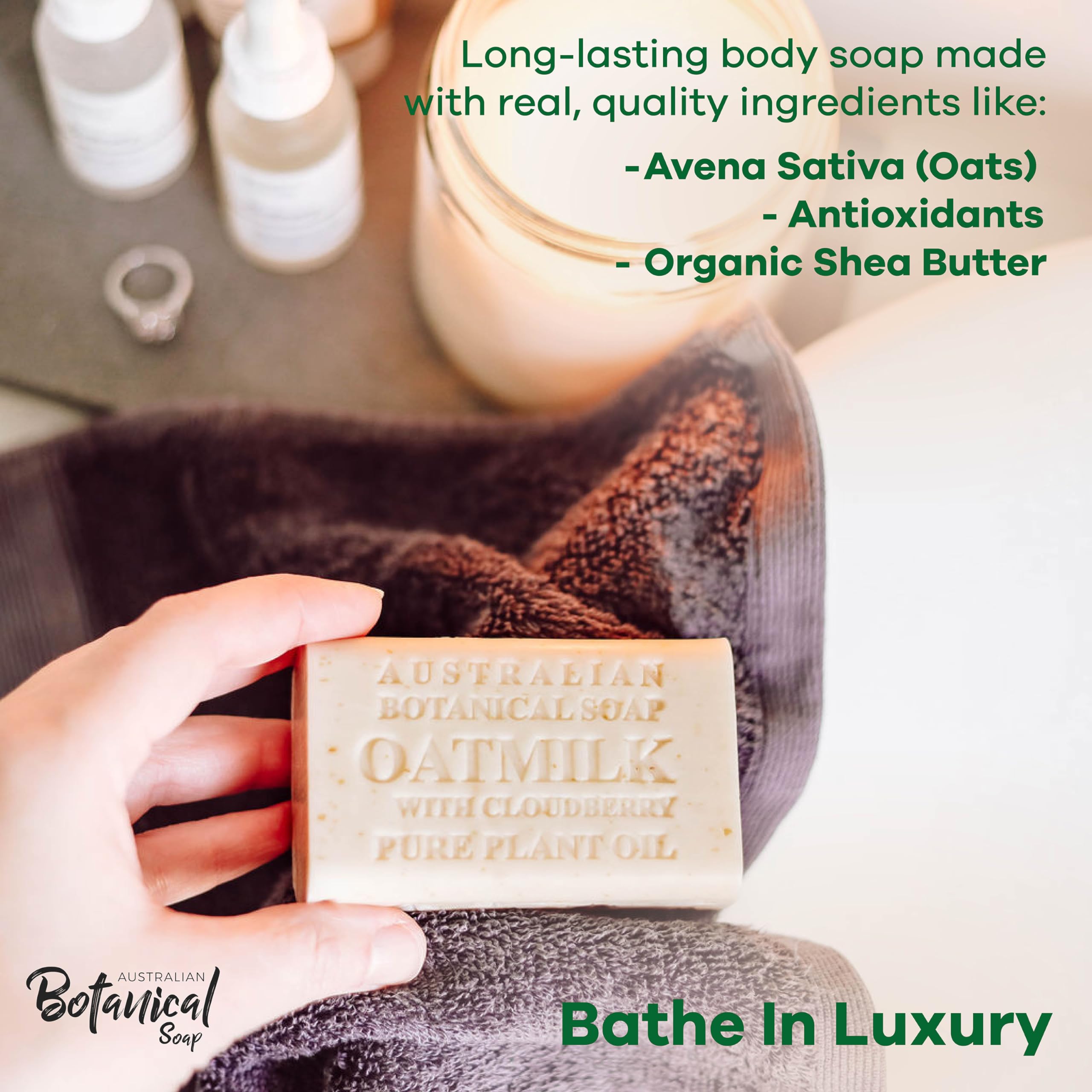 Australian Botanical Soap – barre triple-millé, mousse riche et durable.