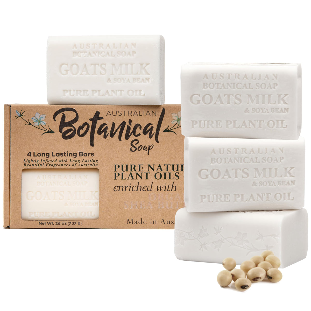 Savon Australian Botanical Soap au lait de chèvre, lot de 4, hydratation douce pour tous types de peau.