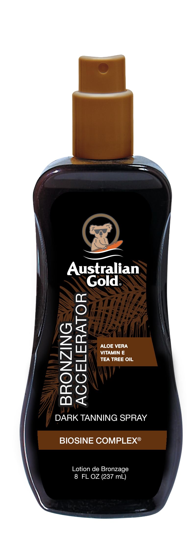 Australian Gold accélérateur-bronzage spray-gel montrant l’emballage multicolore